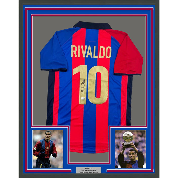 Framed Signed Rivaldo Ferreira 35x39 FC Barcelona Jersey Beckett COA