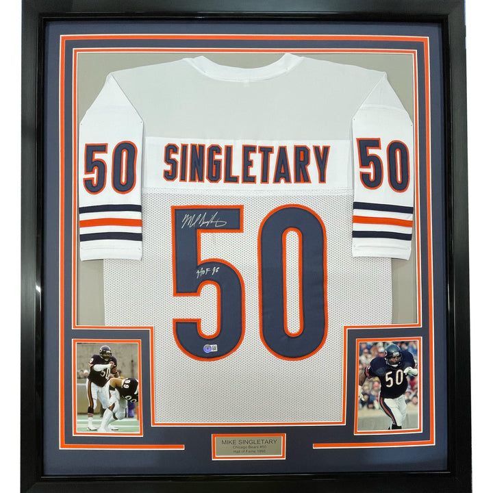 FRAMED Autographed/Signed MIKE SINGLETARY HOF 33x42 Chicago White Jersey JSA COA
