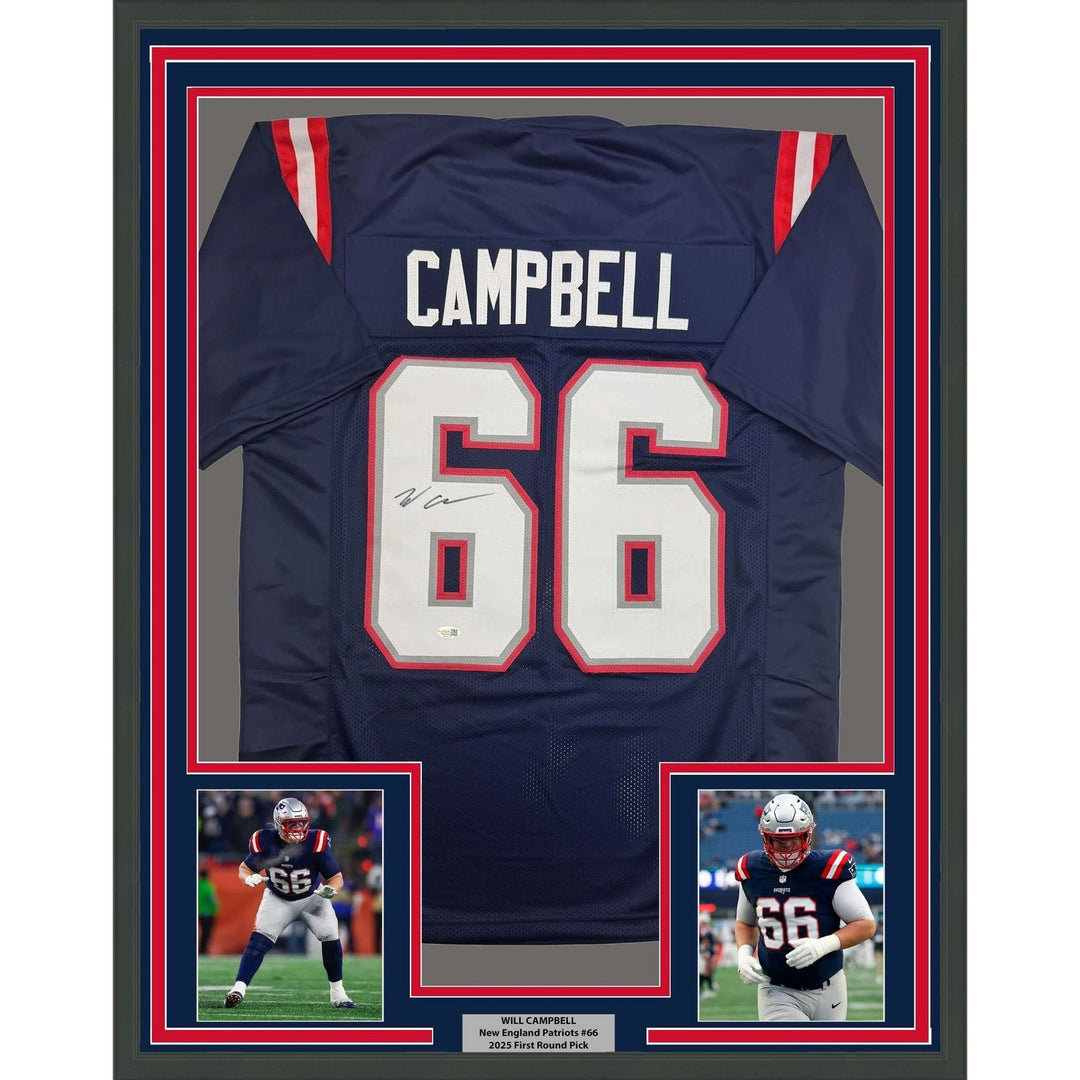 Framed Autographed/Signed Will Campbell 35x39 New England Jersey JSA COA