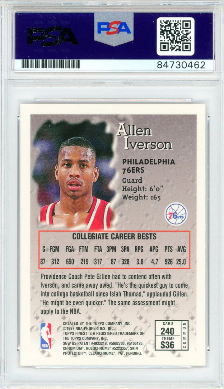 Allen Iverson Autographed 1997 Topps Finest Sterling Card #240 (PSA Auto Gem Mt