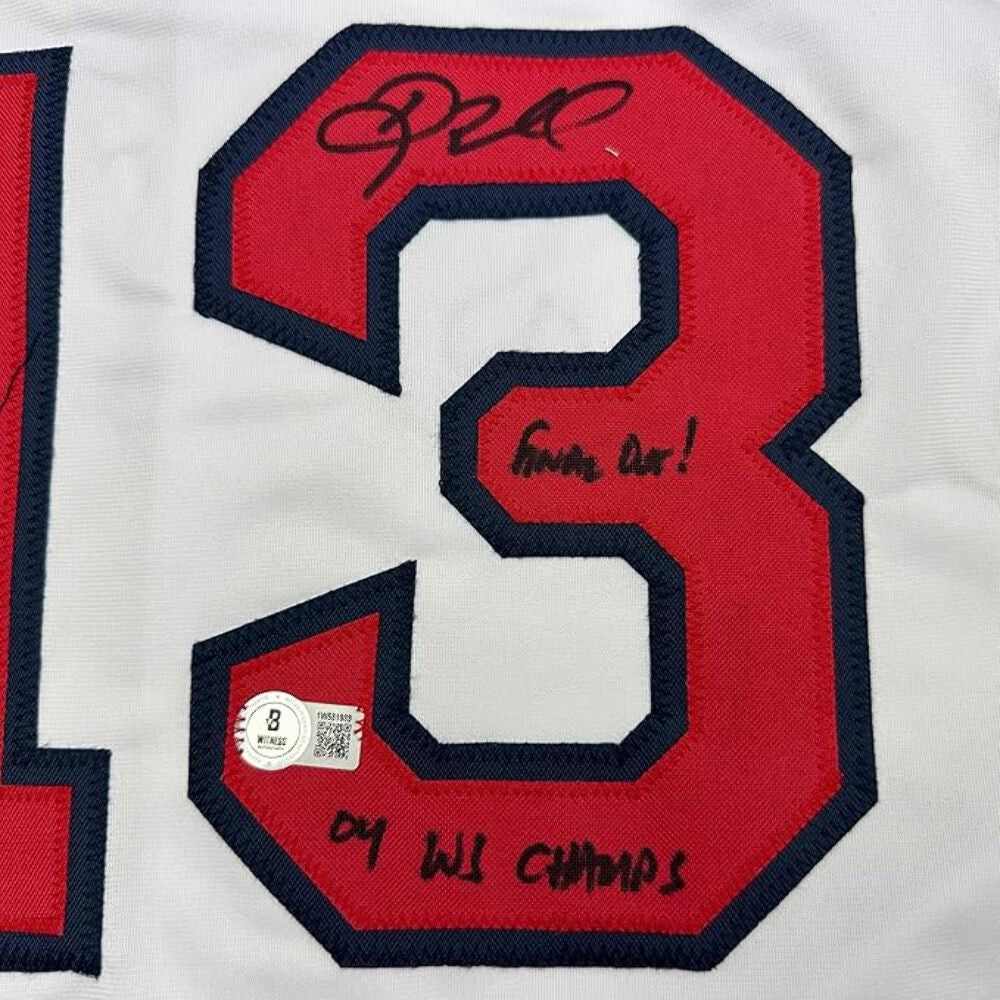 Framed Autographed/Signed Doug Mientkiewicz 35x39 Boston White Jersey BAS COA