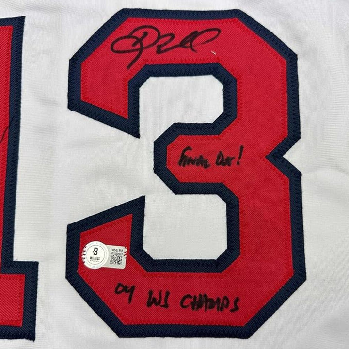 Framed Autographed/Signed Doug Mientkiewicz 35x39 Boston White Jersey BAS COA