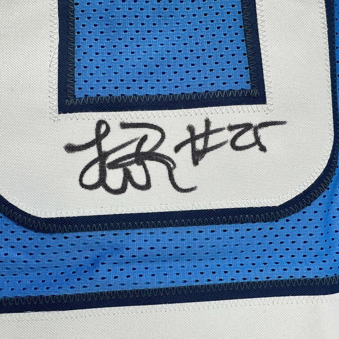 Framed Autographed/Signed LenDale White 35x39 Light Blue Jersey JSA COA