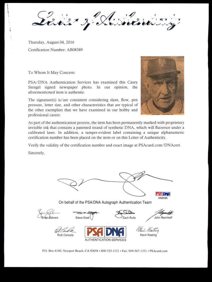 Casey Stengel PSA DNA Signed  6x9 Photo Autograph