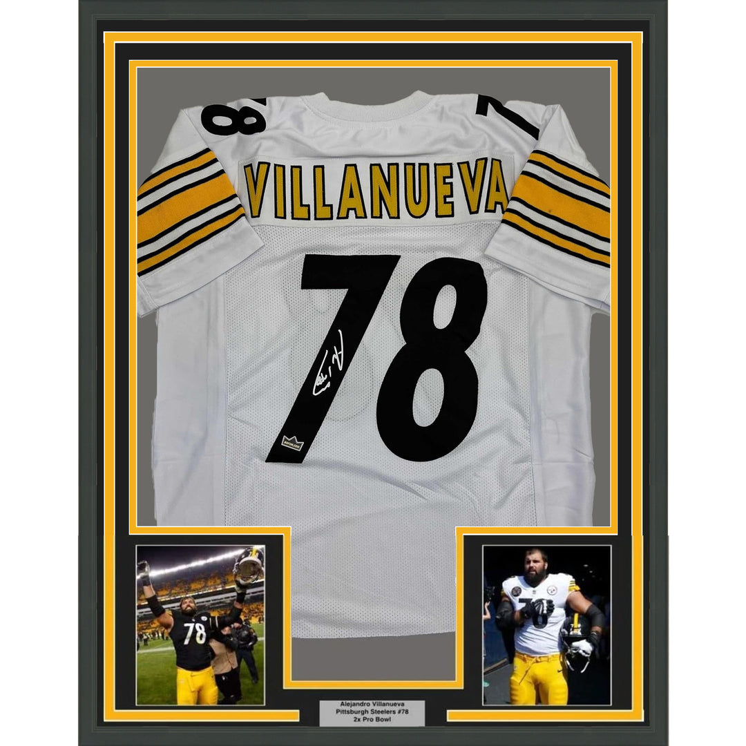 Framed Facsimile Autographed Alejandro Villanueva 35x39 PIT White Reprint Jersey