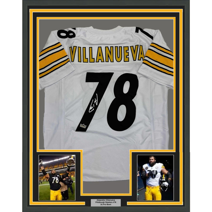 Framed Facsimile Autographed Alejandro Villanueva 35x39 PIT White Reprint Jersey
