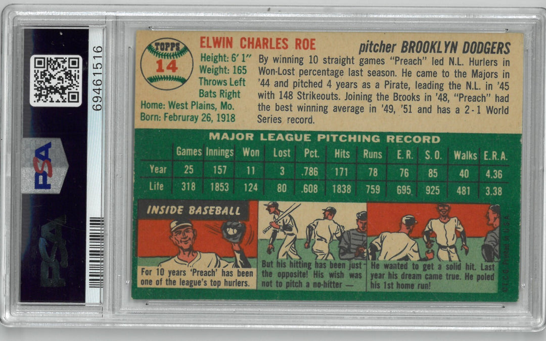 Preacher Roe 1954 Topps Baseball Card #14- PSA Graded 6 EX-MT (Brooklyn Dodgers)