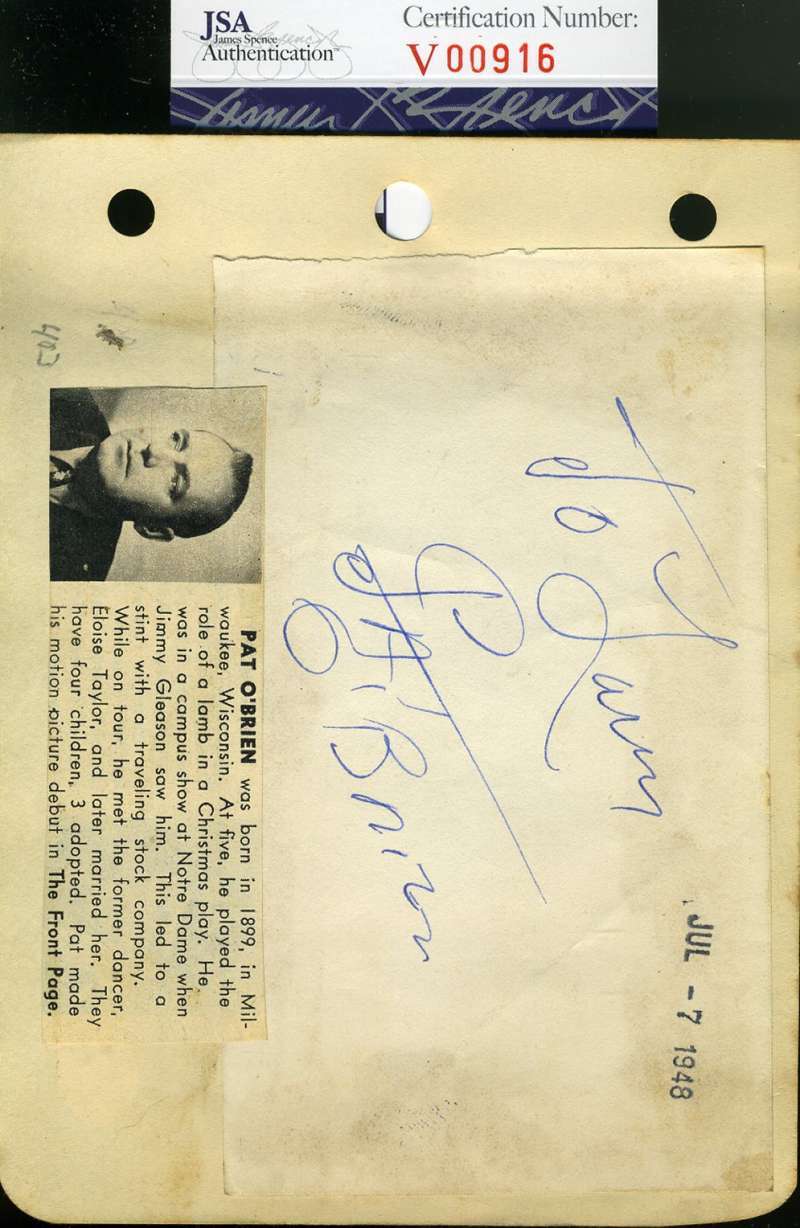 Pat O`brien Jsa Coa Hand Signed Vintage 1948 Album Page Autograph Authentic