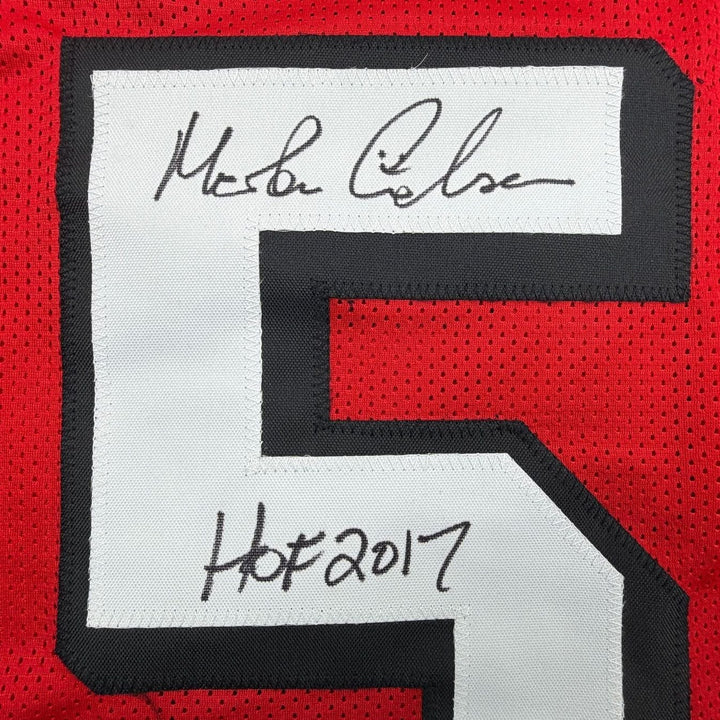 Framed Autographed/Signed Morten Andersen 35x39 Atlanta Red Jersey JSA COA