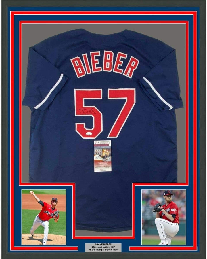 FRAMED Signed SHANE BIEBER 35x39 Cleveland Blue Jersey JSA COA Auto