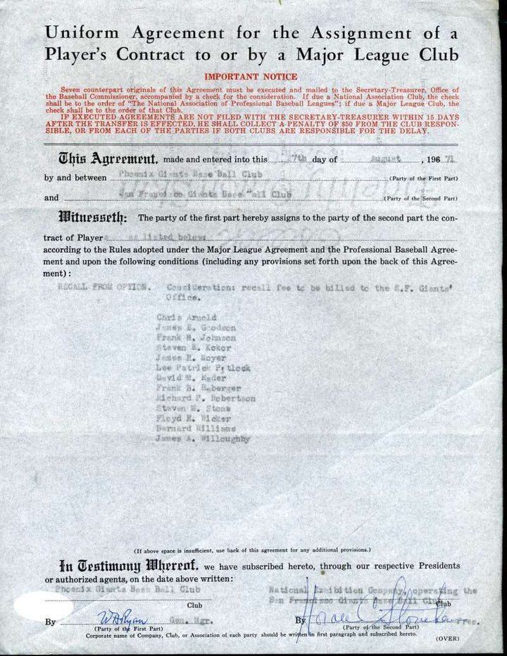 Horace Stoneham Jsa Coa Authentic Hand Signed 1967 Giants Contract Autograph