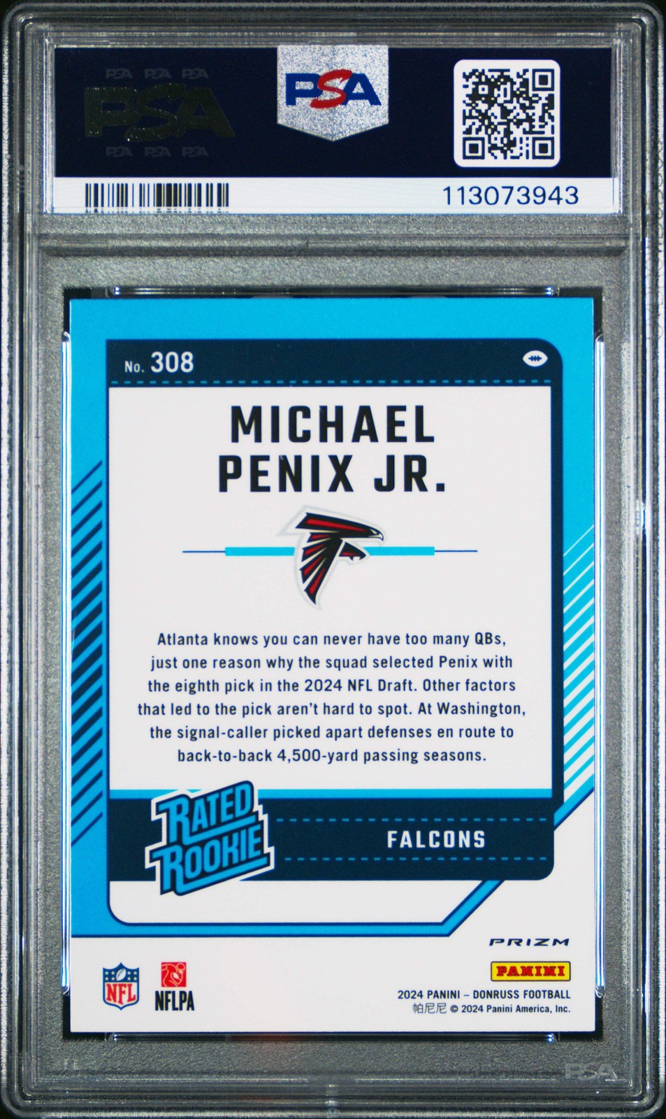 Graded 2024 Donruss Michael Penix Jr #308 Preview Pink RC Football Card PSA 10