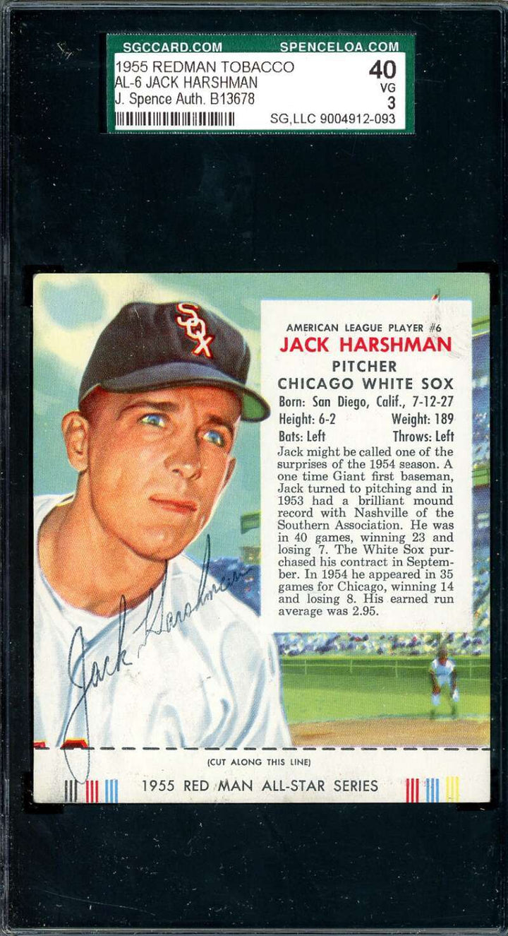 Jack Harshman JSA SGC Coa Signed 1955 Red Man Tobacco With Tab Autograph