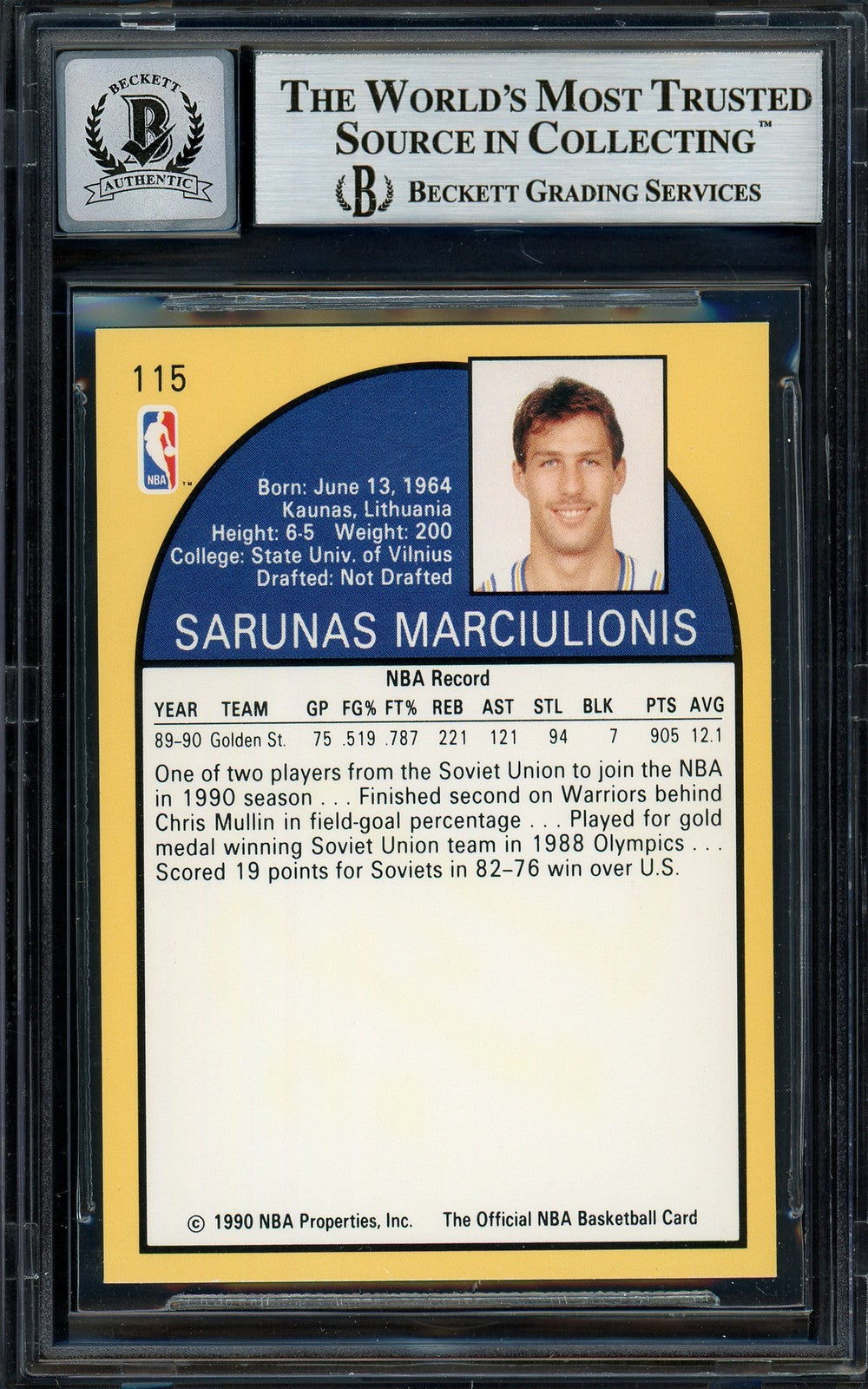 Sarunas Marciulionis Signed 1990-91 Hoops RC 115 Warriors Auto 10 Beckett