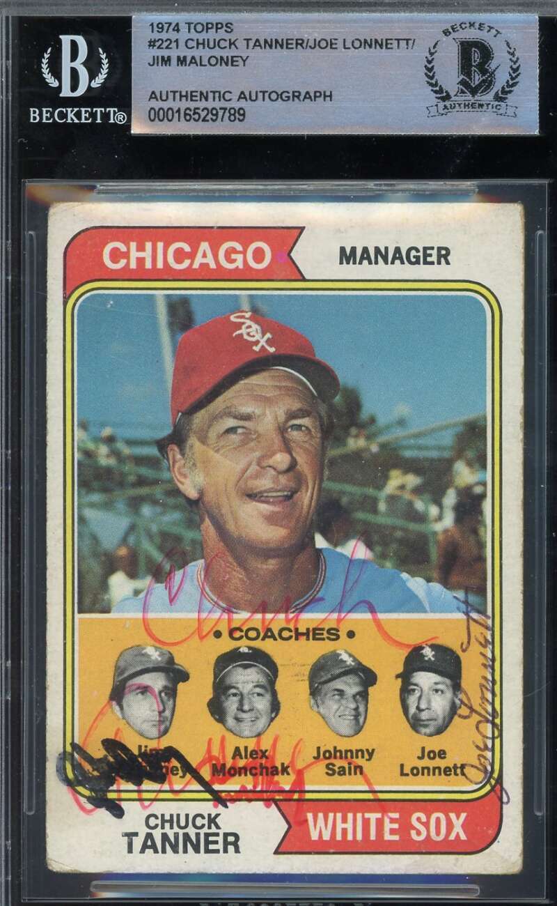Chuck Tanner Joe Lonnett Jim Maloney Beckett BAS Signed 1974 Topps Autograph