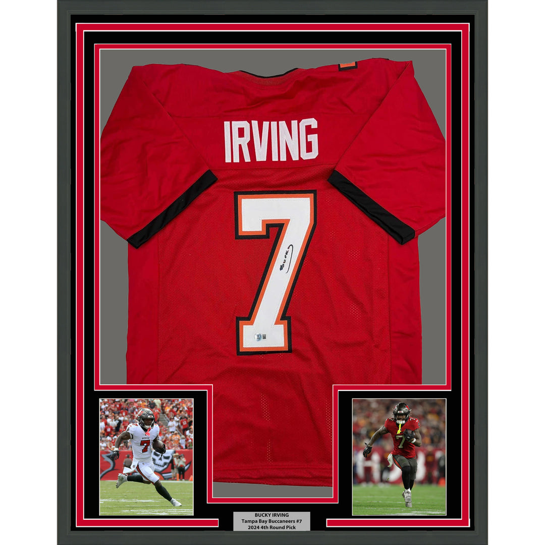 Framed Autographed/Signed Bucky Irving 35x39 Tampa Bay Red Jersey Beckett COA