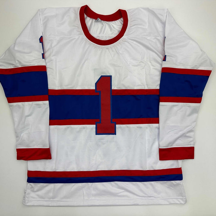 Autographed/Signed Gump Worsley Montreal White Hockey Jersey JSA COA