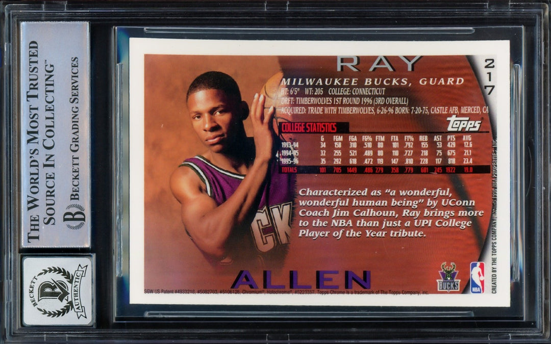 Ray Allen Signed 1996 Topps Chrome RC 217 Bucks Auto GM 10 Beckett #16541788