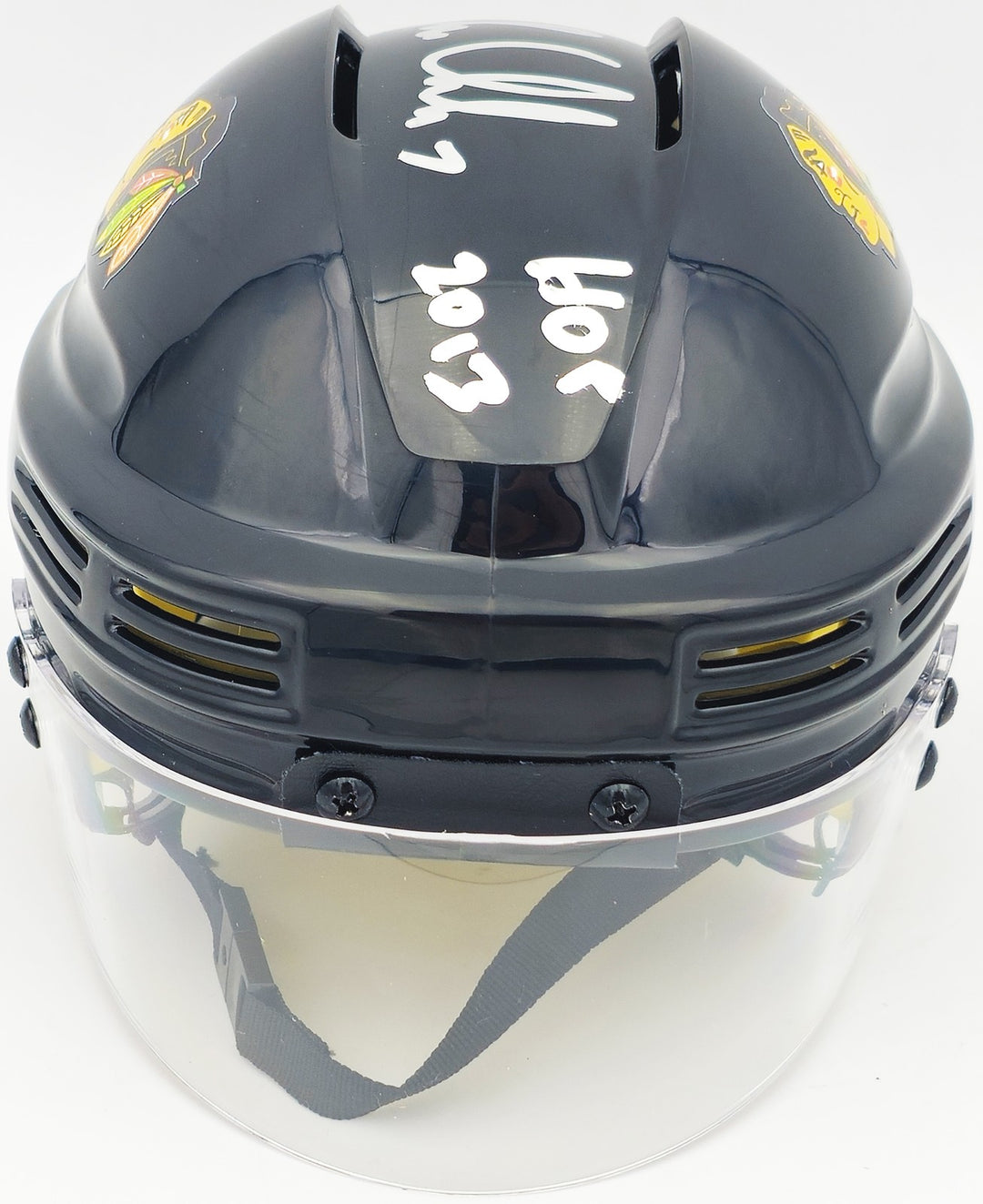 Chris Chelios Signed Chicago Blackhawks Black Mini Helmet "HOF 2013" Beckett Wit