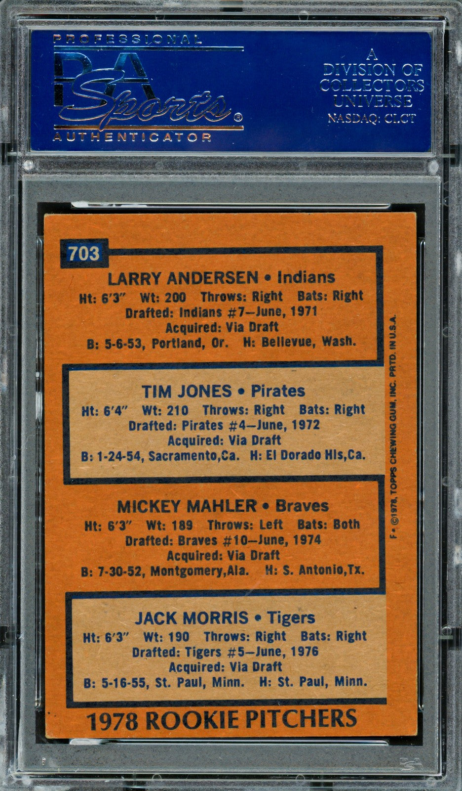 Jack Morris, Mickey Mahler & Larry Andersen Auto 1978 Topps RC 703 PSA/DNA 09000