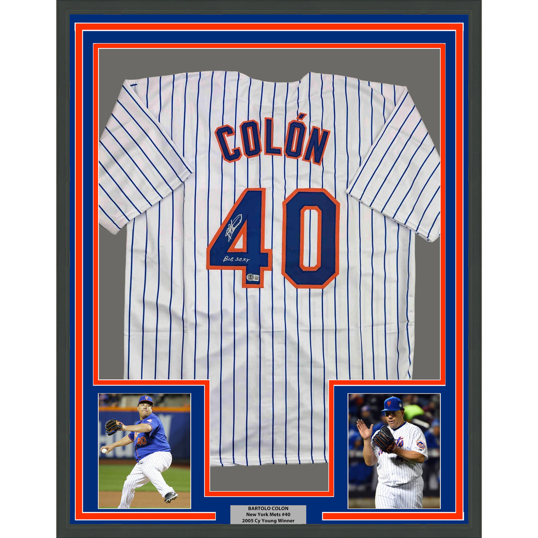 Framed Autographed/Signed Bartolo Colon 35x39 Big Sexy Pinstripe Jersey BAS COA