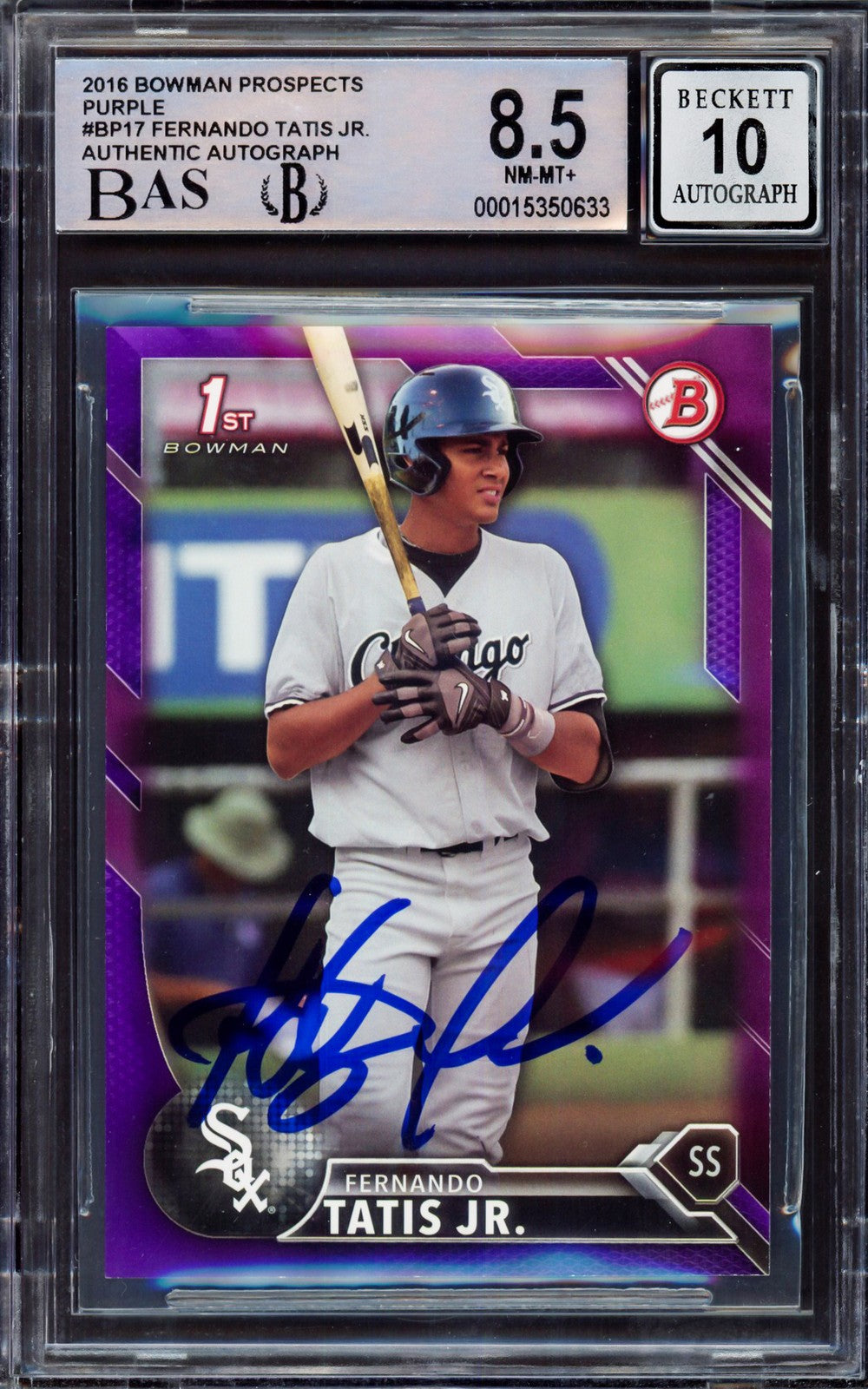 Fernando Tatis Jr Signed 2016 Bowman Prospect Purple RC BP17 BGS 8.5 Sig 10 /250