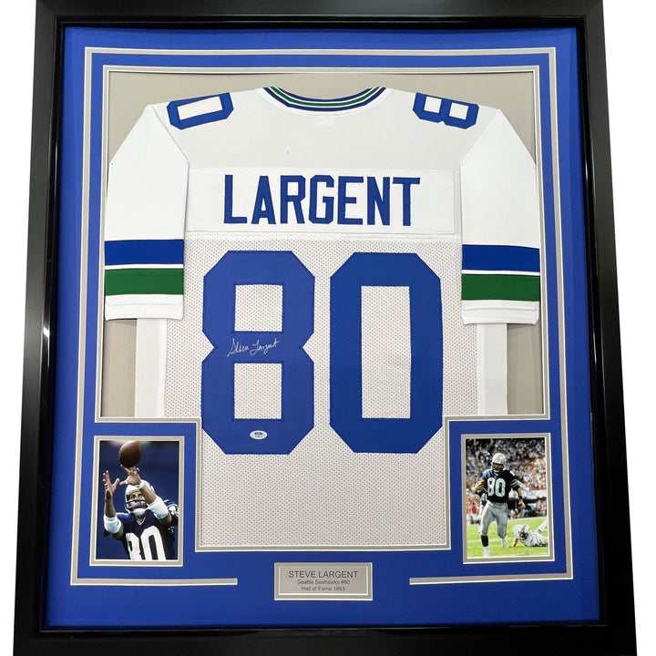 Framed Autographed/Signed Steve Largent 33x42 Seattle White Jersey PSA/DNA COA