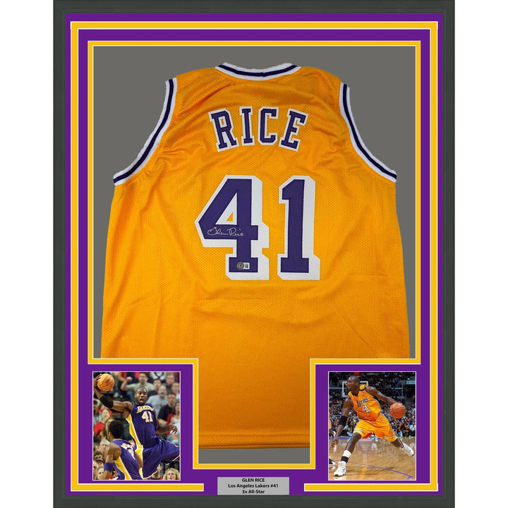 Framed Autographed/Signed Glen Rice 35x39 LA Yellow Jersey Beckett BAS COA