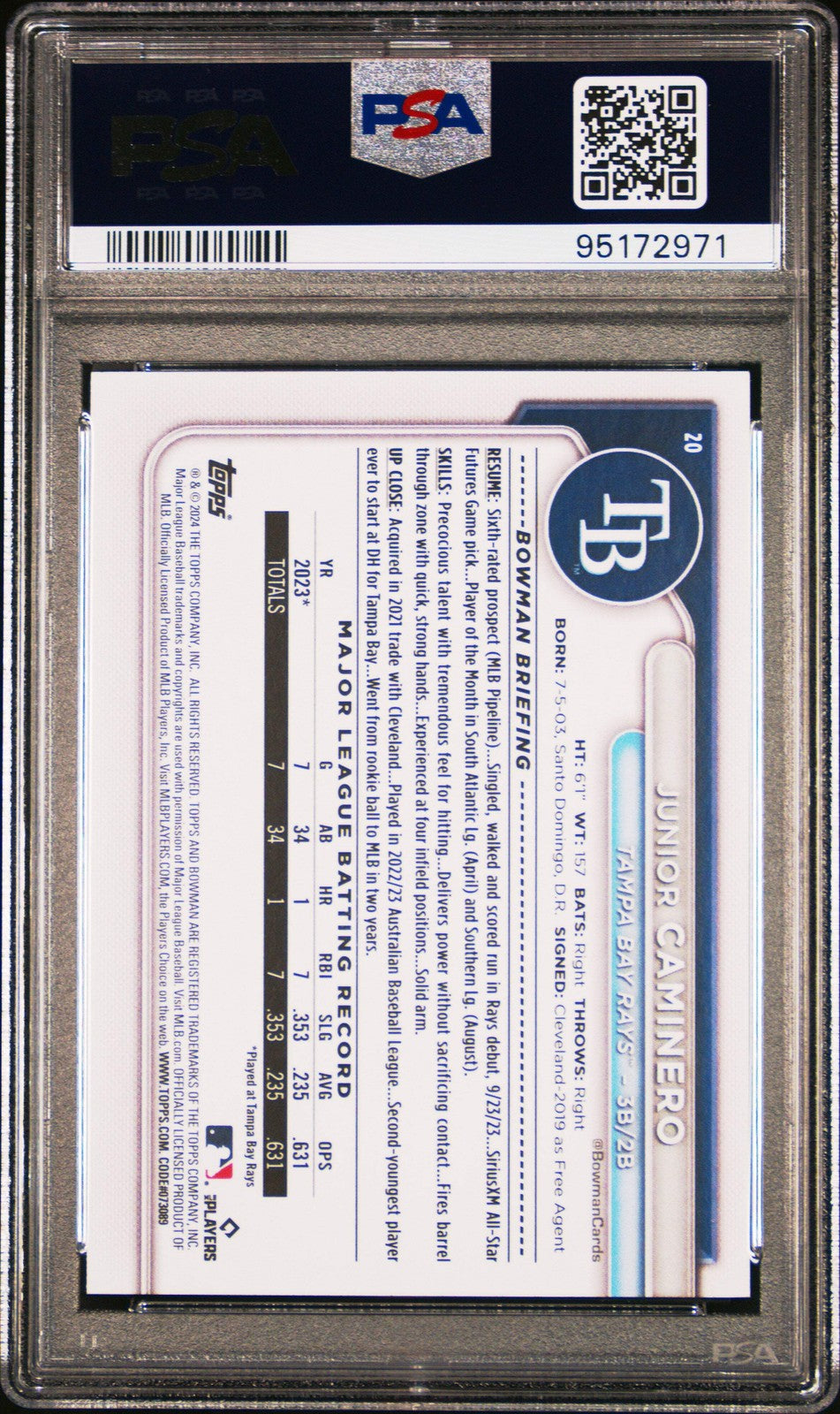 Graded 2024 Topps Bowman Junior Caminero #20 Rookie RC Baseball Card PSA 10