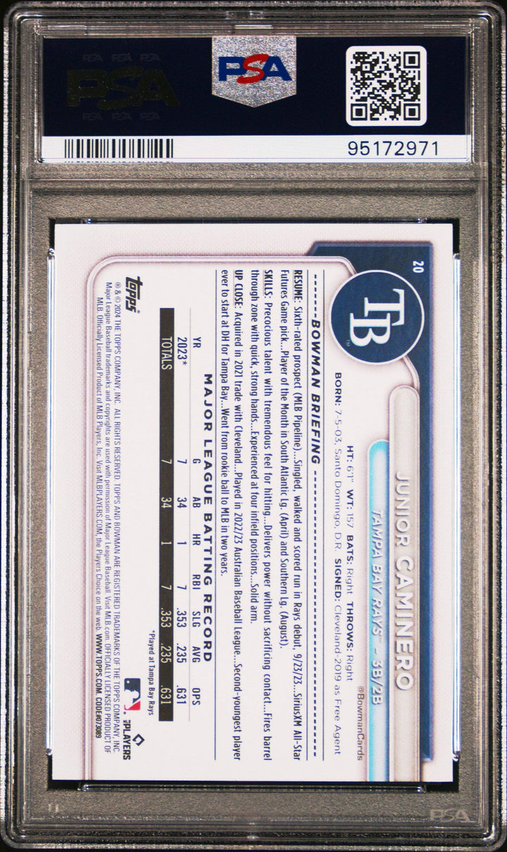 Graded 2024 Topps Bowman Junior Caminero #20 Rookie RC Baseball Card PSA 10