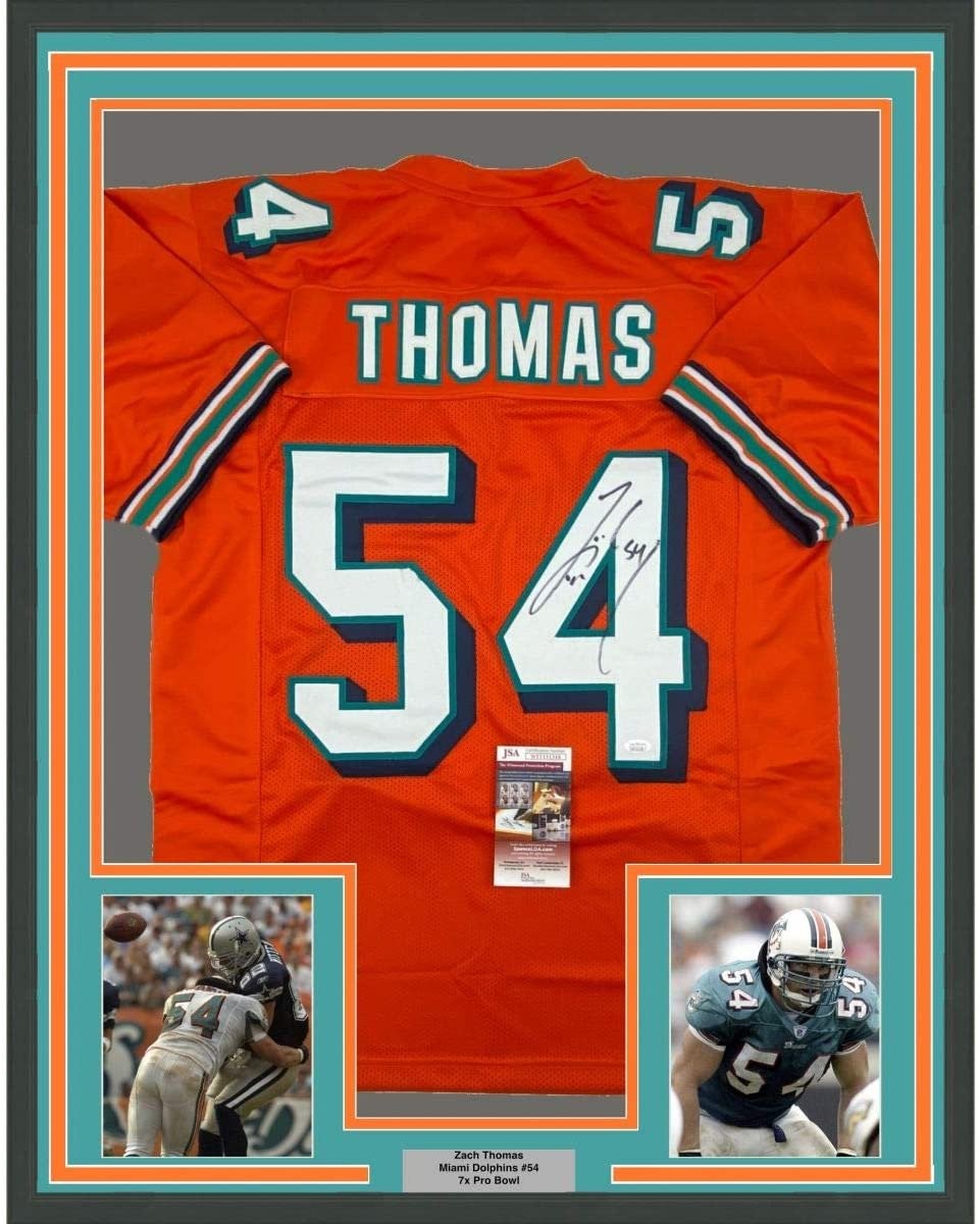 Framed Autographed/Signed Zach Thomas 35x39 Miami Orange Jersey JSA COA
