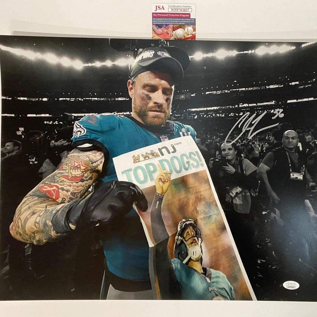 Autographed/Signed CHRIS LONG Eagles Super Bowl 16x20 Photo JSA COA