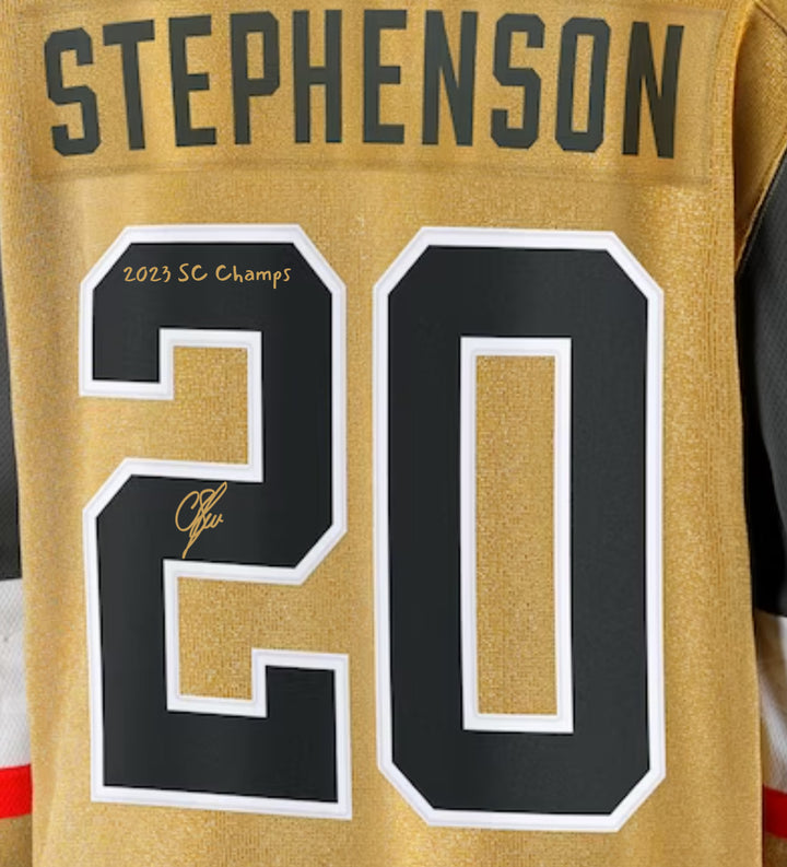 Chandler Stephenson Signed Vegas Golden Knights Gold Jersey Inscribed Champs IGM