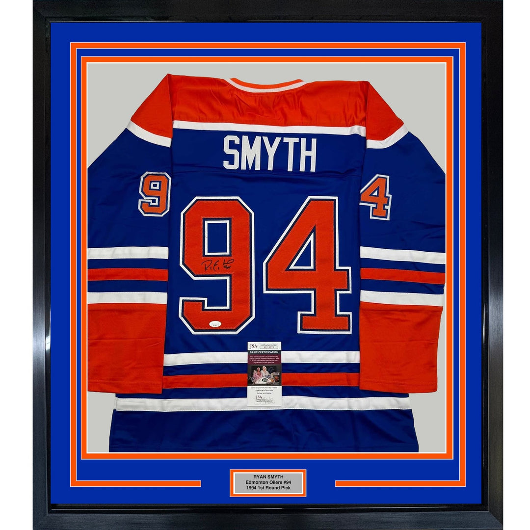 Framed Autographed/Signed Ryan Smyth 35x39 Edmonton Blue Jersey JSA COA