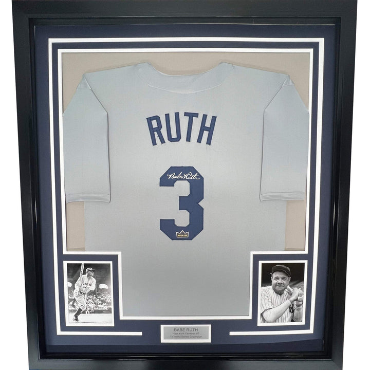 Framed Facsimile Autographed Babe Ruth 33x42 NY Grey Reprint Laser Auto Jersey