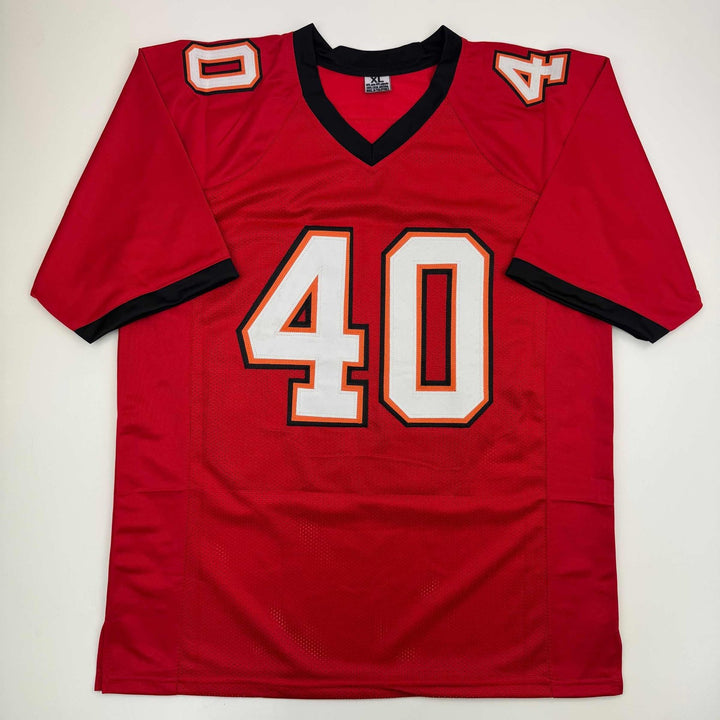 Autographed/Signed Mike Alstott Tampa Bay Red Jersey Beckett BAS COA