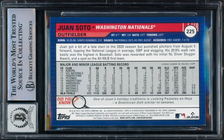 Juan Soto Auto 2021 Topps Big League Card 225 Mets Auto GM 10 Beckett #15774065