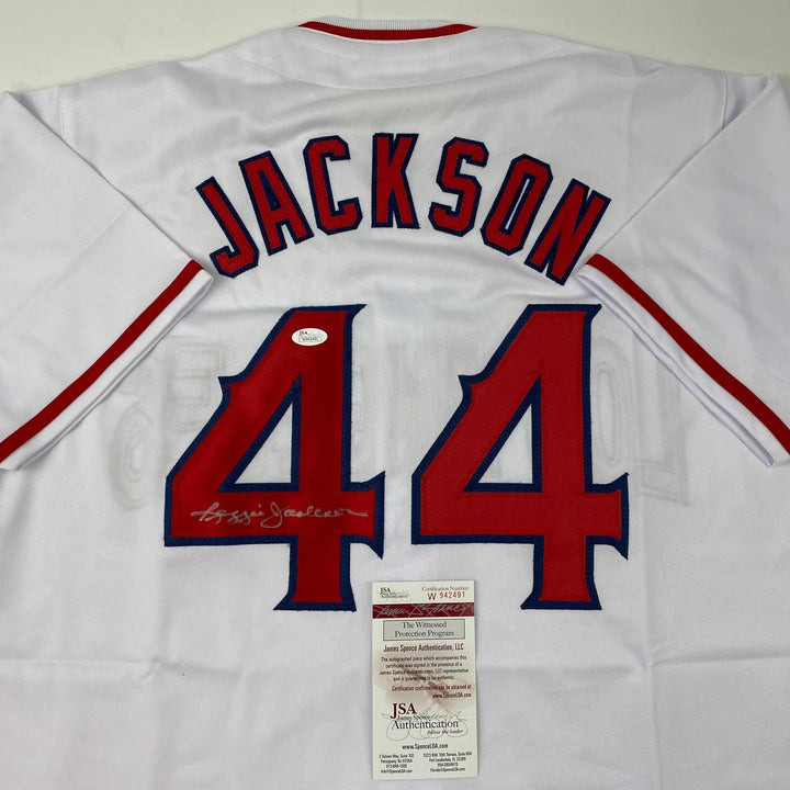 Autographed/Signed Reggie Jackson California Los Angeles White Jersey JSA COA