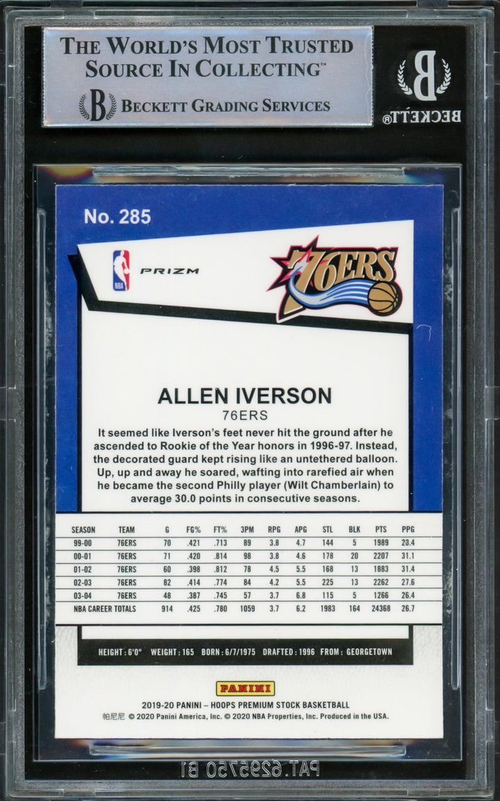 Allen Iverson Signed 2019-20 Hopps Premium Stock Prizms Silver Card 285 Beckett