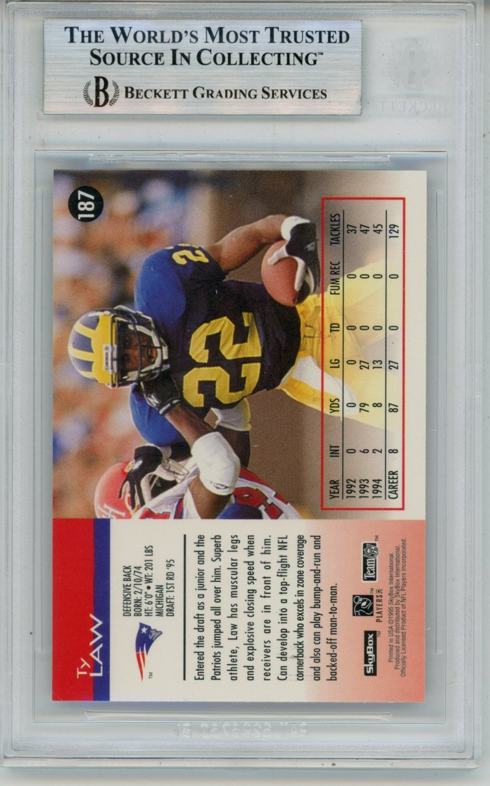 Ty Law Autographed 1995 Skybox #187 Trading Card Slab Beckett 57075
