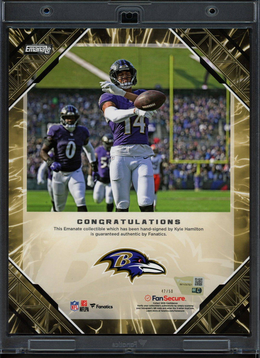 Kyle Hamilton Auto 2025 Under Wraps NFL Emanate Gold Card Ravens #42/50