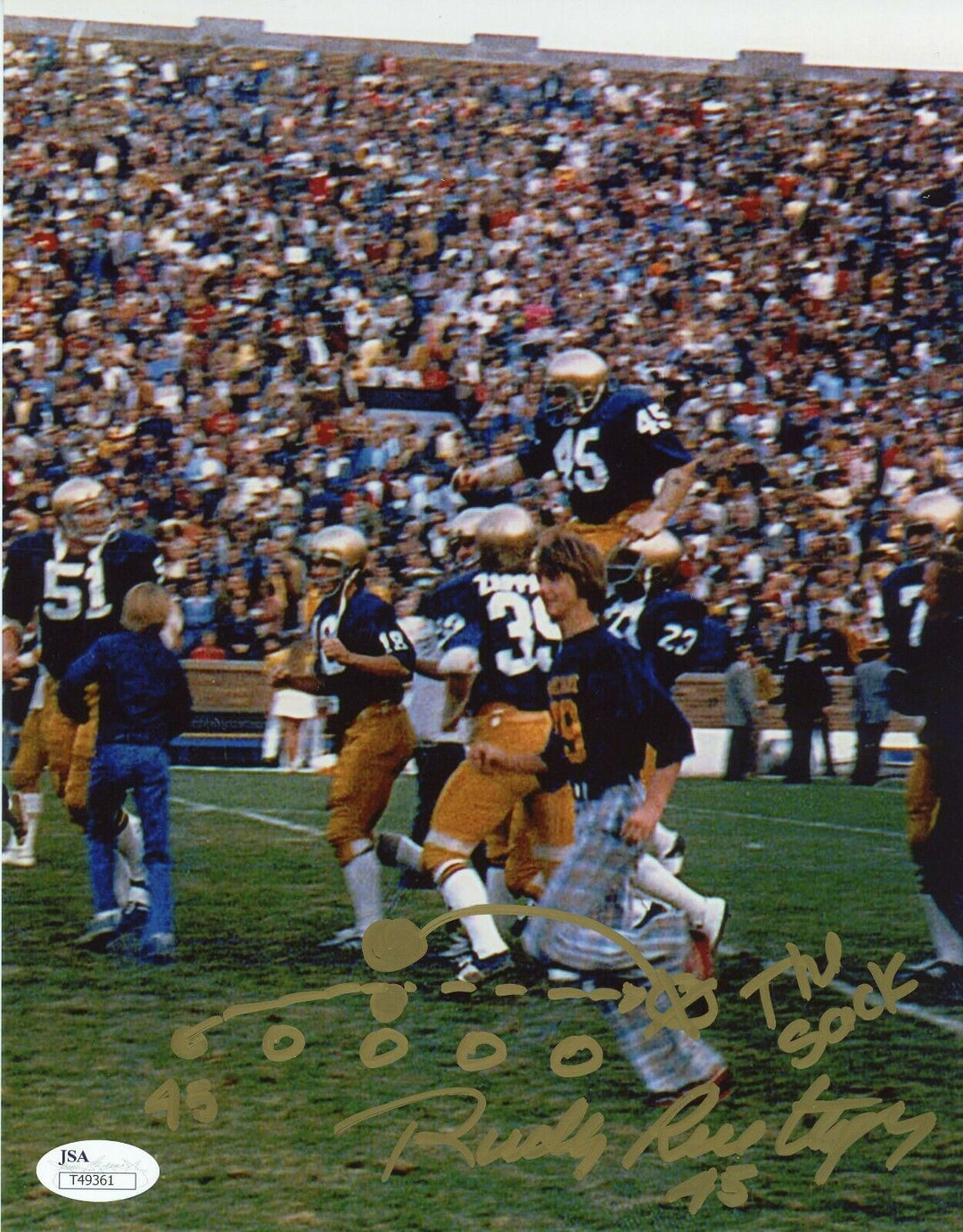 Rudy Ruettiger Signed 8x10 Hand Drawn Sack Play Inscription Photo JSA Autograph