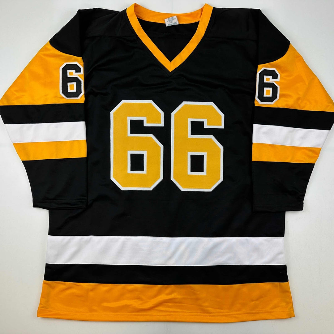 Facsimile Autographed Mario Lemieux Pittsburgh Black Reprint Auto Jersey Mens XL