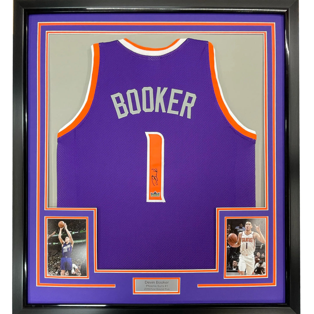 Framed Facsimile Autographed Devin Booker 33x42 Purple Reprint Laser Auto Jersey