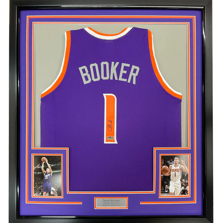 Framed Facsimile Autographed Devin Booker 33x42 Purple Reprint Laser Auto Jersey