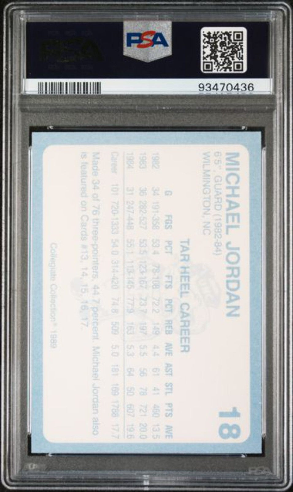 Graded 1989 Collegiate Collection Michael Jordan #18 Basketball Card PSA 9 Mint