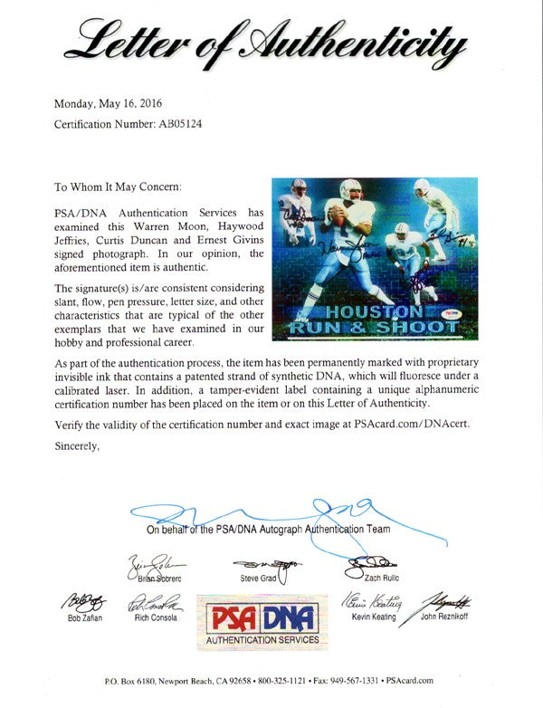 Houston Oilers Run & Shoot Signed 8x10 Photo "HOF 06" 4 Sigs Warren Moon PSA/DNA