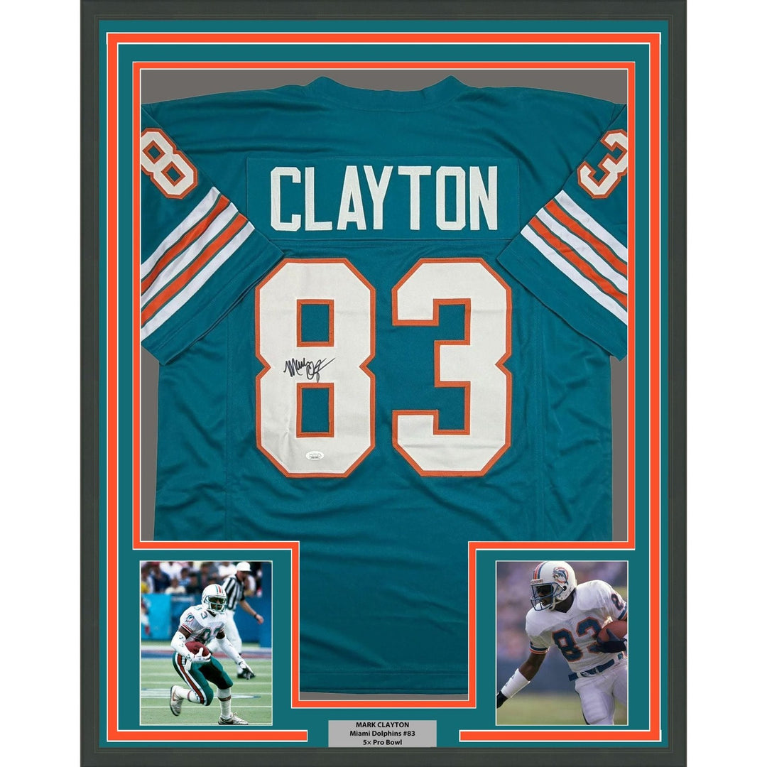 Framed Autographed/Signed Mark Clayton 35x39 Miami Teal Jersey JSA COA