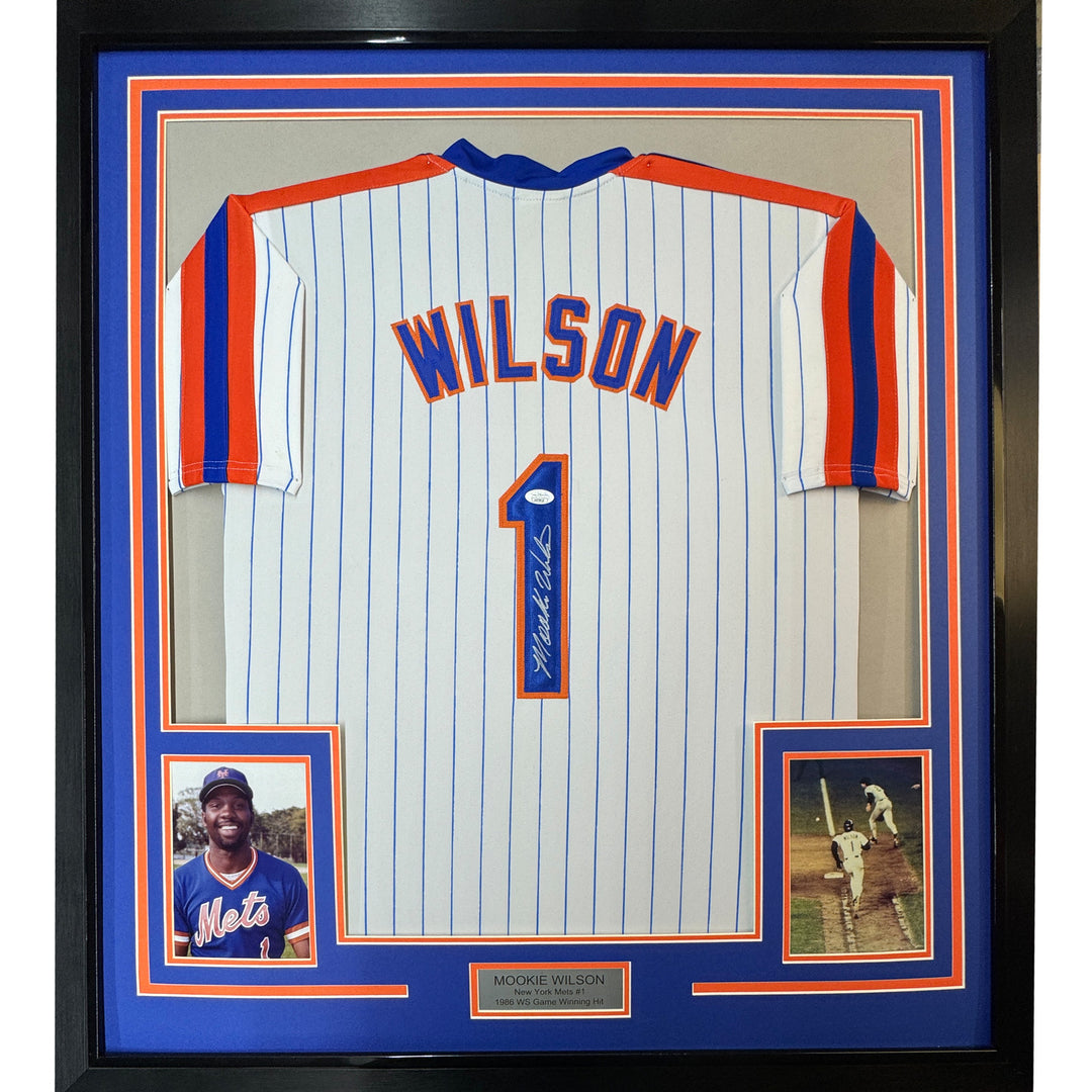 FRAMED Autographed/Signed MOOKIE WILSON 33x42 New York Pinstripe Jersey JSA COA