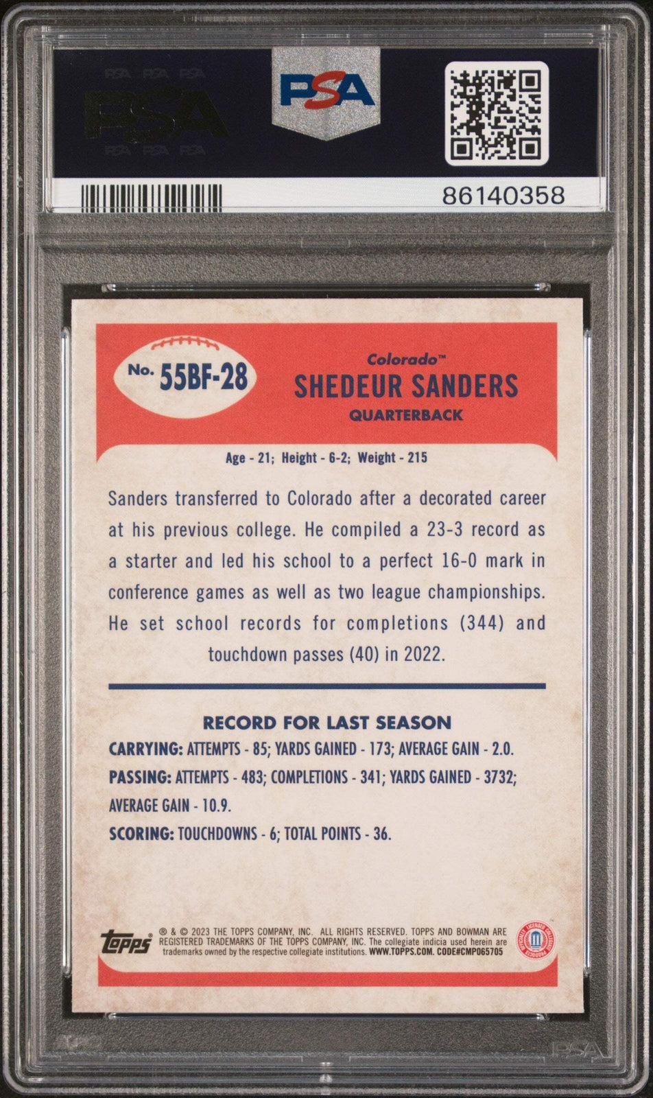 Graded 2023 Topps Bowman U Shedeur Sanders #55BF28 1955 RC Football Card PSA 10